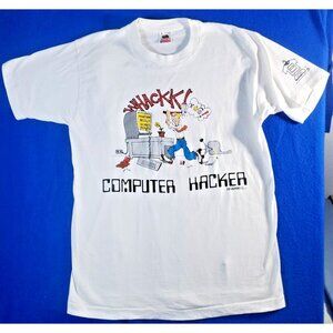 Vintage 90s Computer Hacker White T-Shirt Men's Size Medium Single Stich